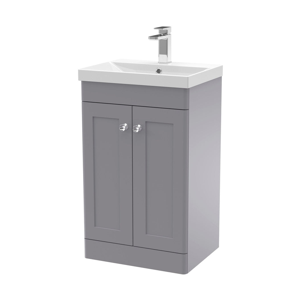 Nuie Classique 500mm Floor Standing 2 Door Vanity & Basin 3 Traditional Satin Grey MFC Painted Matt 850x510x395mm - JJ Building Materials