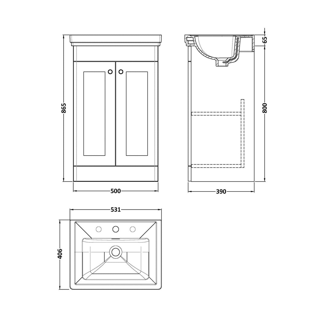 Nuie Classique 500mm Floor Standing 2-door Vanity & Basin 3th Traditional Satin White MFC Painted Matt 865x531x406mm - JJ Building Materials