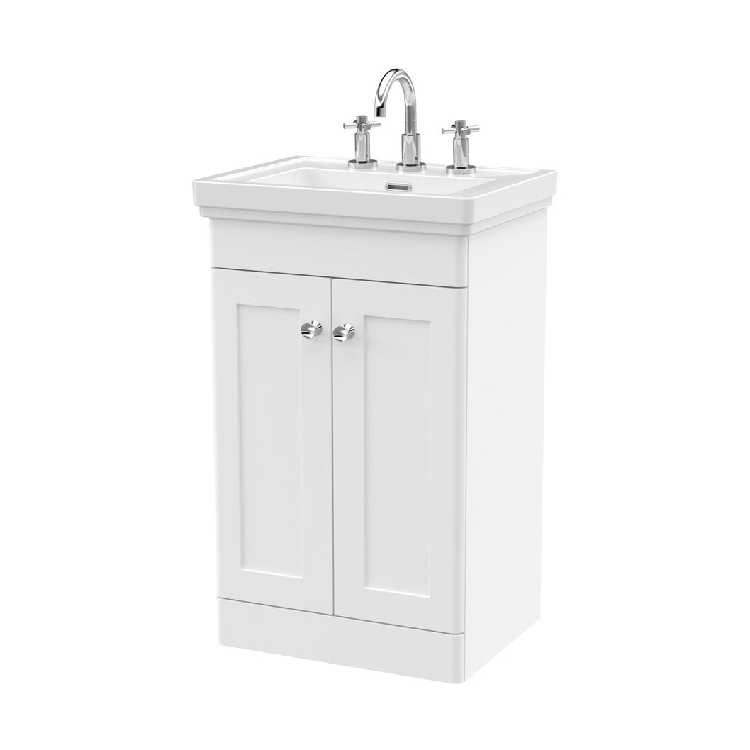 Nuie Classique 500mm Floor Standing 2-door Vanity & Basin 3th Traditional Satin White MFC Painted Matt 865x531x406mm - JJ Building Materials