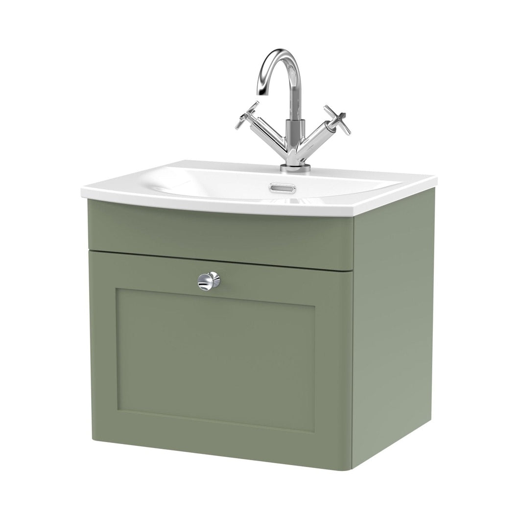 Nuie Classique 500mm Wall Hung 1-drawer Unit & Curved Basin Traditional Satin Green MFC Painted Matt 461x510x440mm - JJ Building Materials