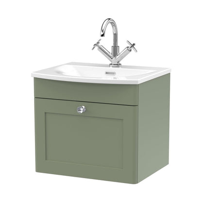 Nuie Classique 500mm Wall Hung 1-drawer Unit & Curved Basin Traditional Satin Green MFC Painted Matt 461x510x440mm - JJ Building Materials