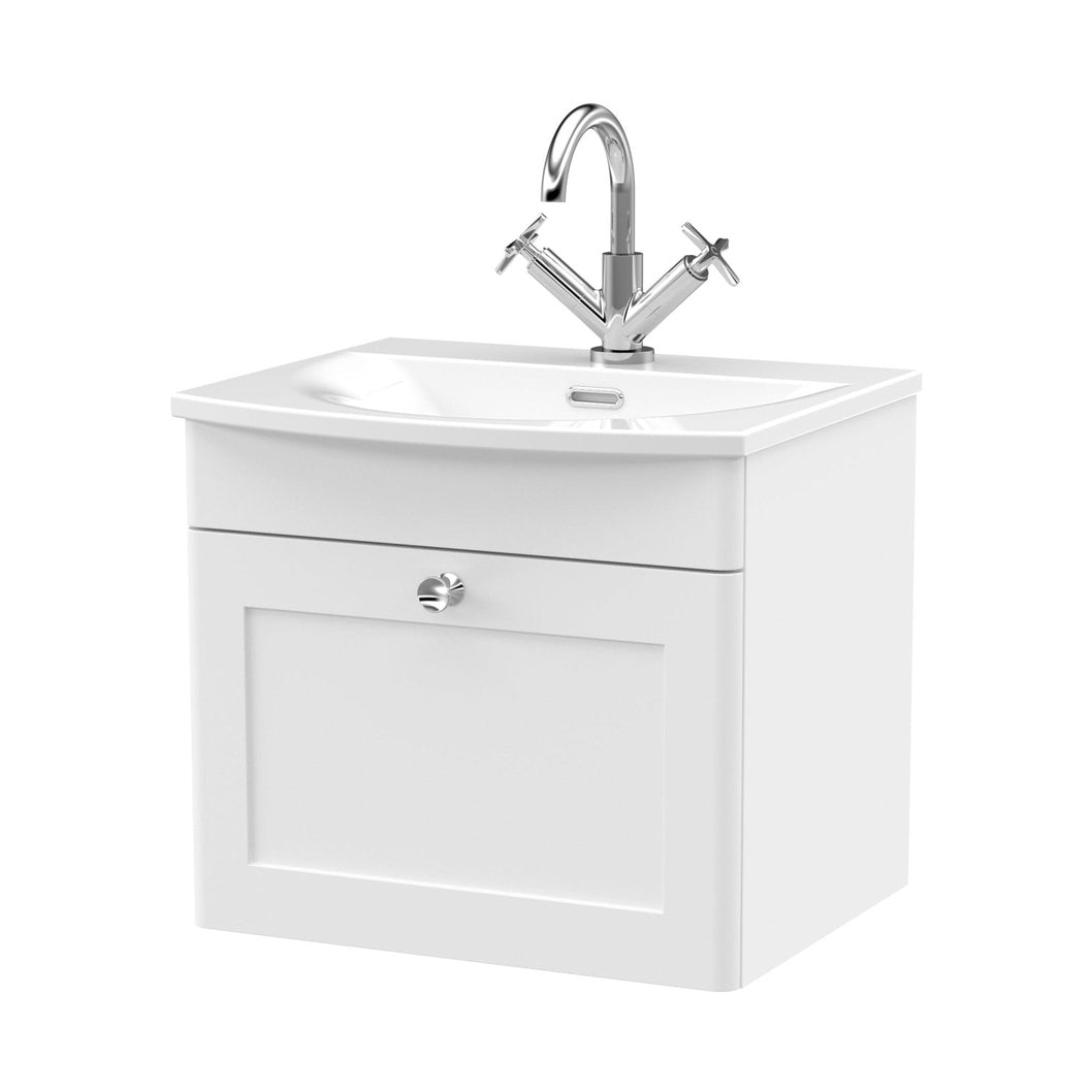 Nuie Classique 500mm Wall Hung 1-drawer Unit & Curved Basin Traditional Satin White MFC Painted Matt 461x510x440mm - JJ Building Materials