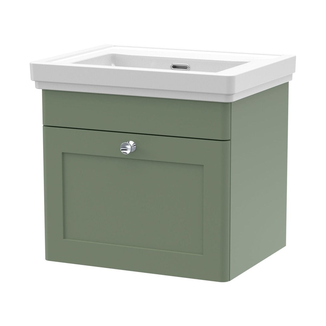 Nuie Classique 500mm Wall Hung 1 Drawer Vanity & Basin 0th Traditional Satin Green MFC Painted Matt 451x531x406mm - JJ Building Materials