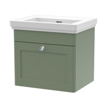 Nuie Classique 500mm Wall Hung 1 Drawer Vanity & Basin 0th Traditional Satin Green MFC Painted Matt 451x531x406mm - JJ Building Materials