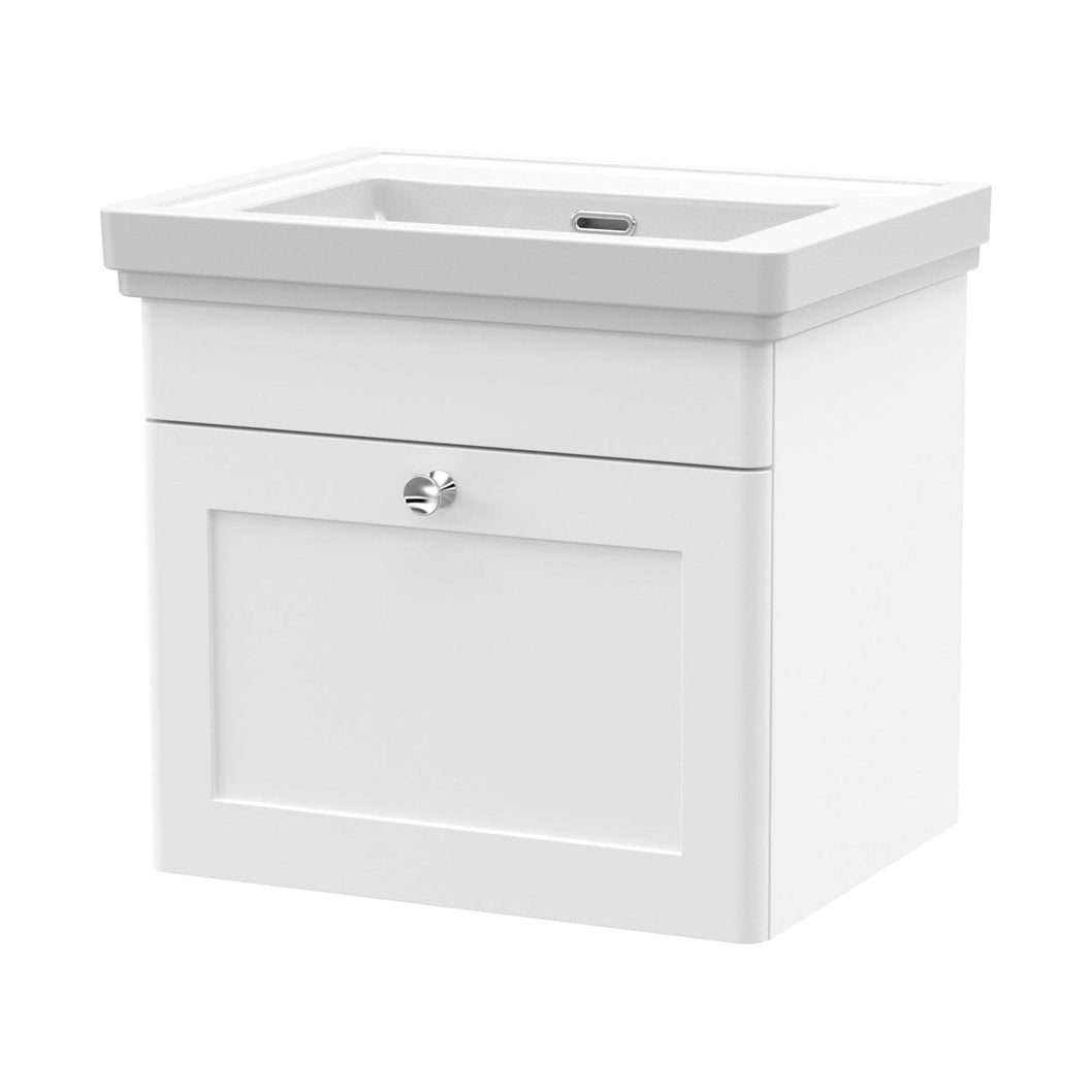 Nuie Classique 500mm Wall Hung 1 Drawer Vanity & Basin 0th Traditional Satin White MFC Painted Matt 451x531x406mm - JJ Building Materials