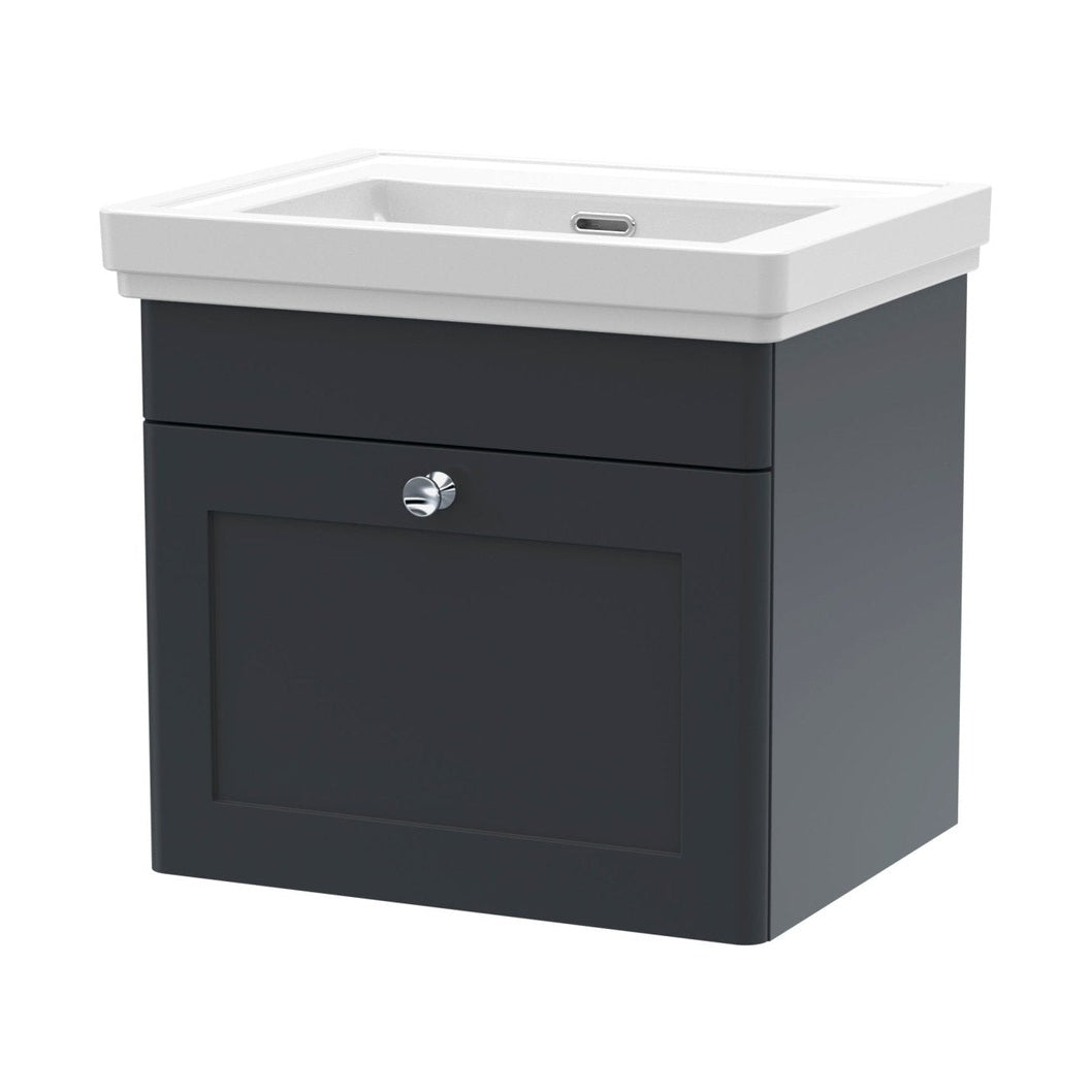 Nuie Classique 500mm Wall Hung 1 Drawer Vanity & Basin 0th Traditional Soft Black MFC Painted Matt 451x531x406mm - JJ Building Materials