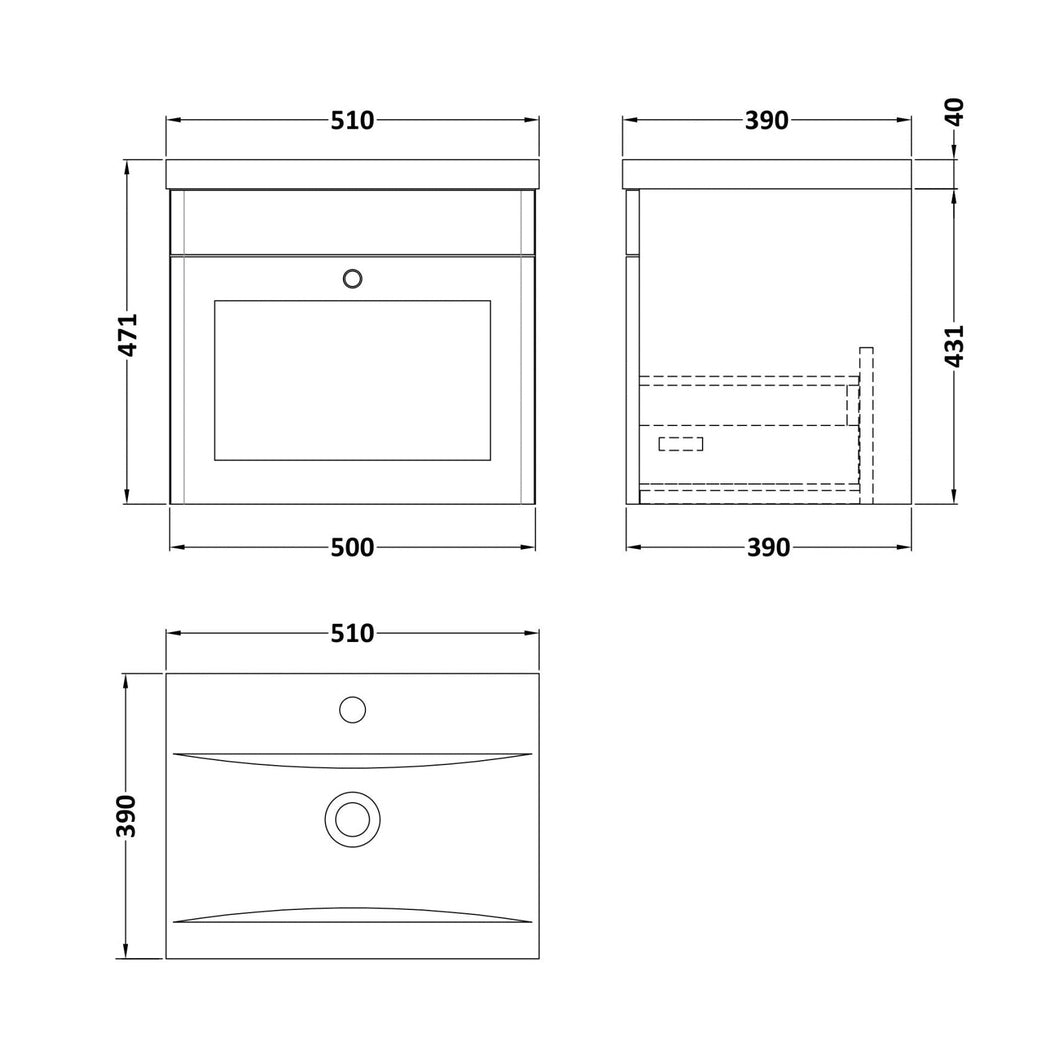 Nuie Classique 500mm Wall Hung 1 Drawer Vanity & Basin 1 Traditional Satin Green MFC Painted Matt 471x510x390mm - JJ Building Materials