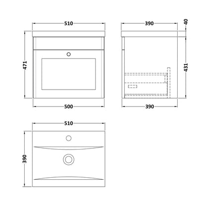 Nuie Classique 500mm Wall Hung 1 Drawer Vanity & Basin 1 Traditional Satin Green MFC Painted Matt 471x510x390mm - JJ Building Materials