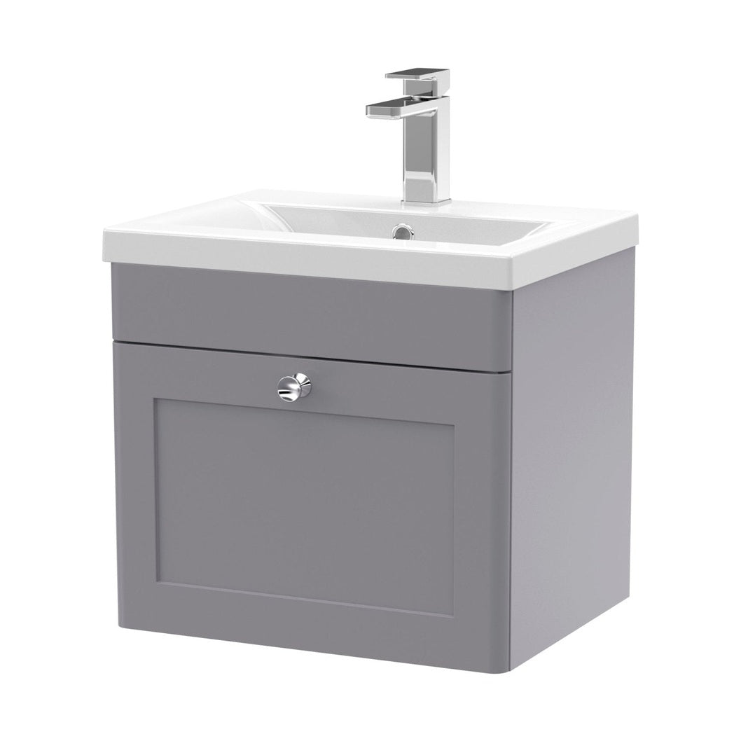 Nuie Classique 500mm Wall Hung 1 Drawer Vanity & Basin 1 Traditional Satin Grey MFC Painted Matt 471x510x390mm - JJ Building Materials