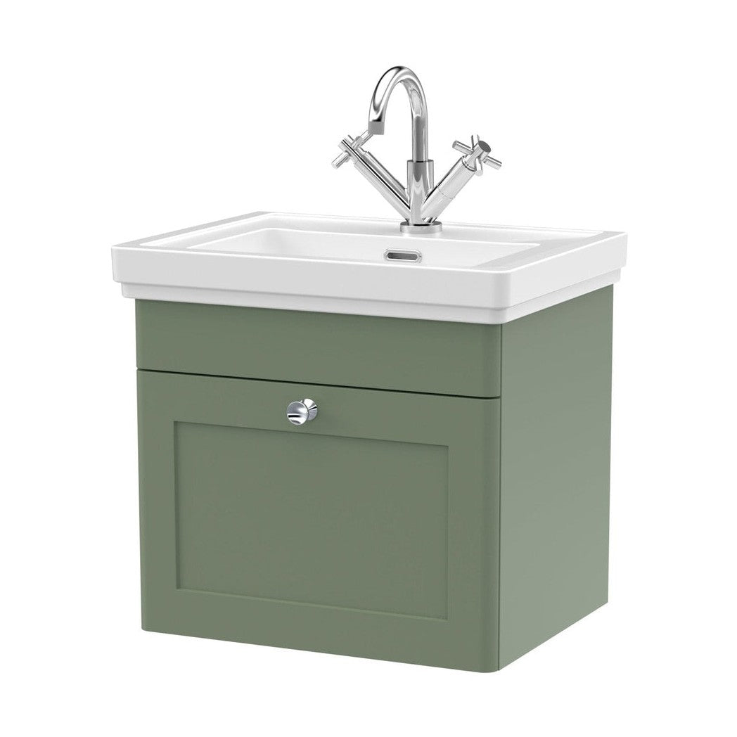 Nuie Classique 500mm Wall Hung 1-drawer Vanity & Basin 1th Traditional Satin Green MFC Painted Matt 496x531x406mm - JJ Building Materials
