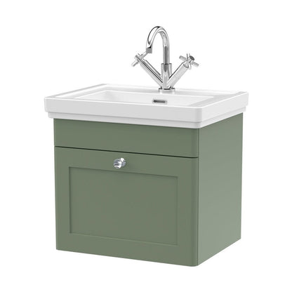 Nuie Classique 500mm Wall Hung 1-drawer Vanity & Basin 1th Traditional Satin Green MFC Painted Matt 496x531x406mm - JJ Building Materials