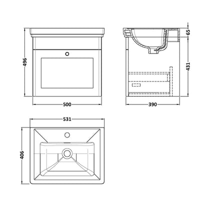 Nuie Classique 500mm Wall Hung 1-drawer Vanity & Basin 1th Traditional Satin Green MFC Painted Matt 496x531x406mm - JJ Building Materials