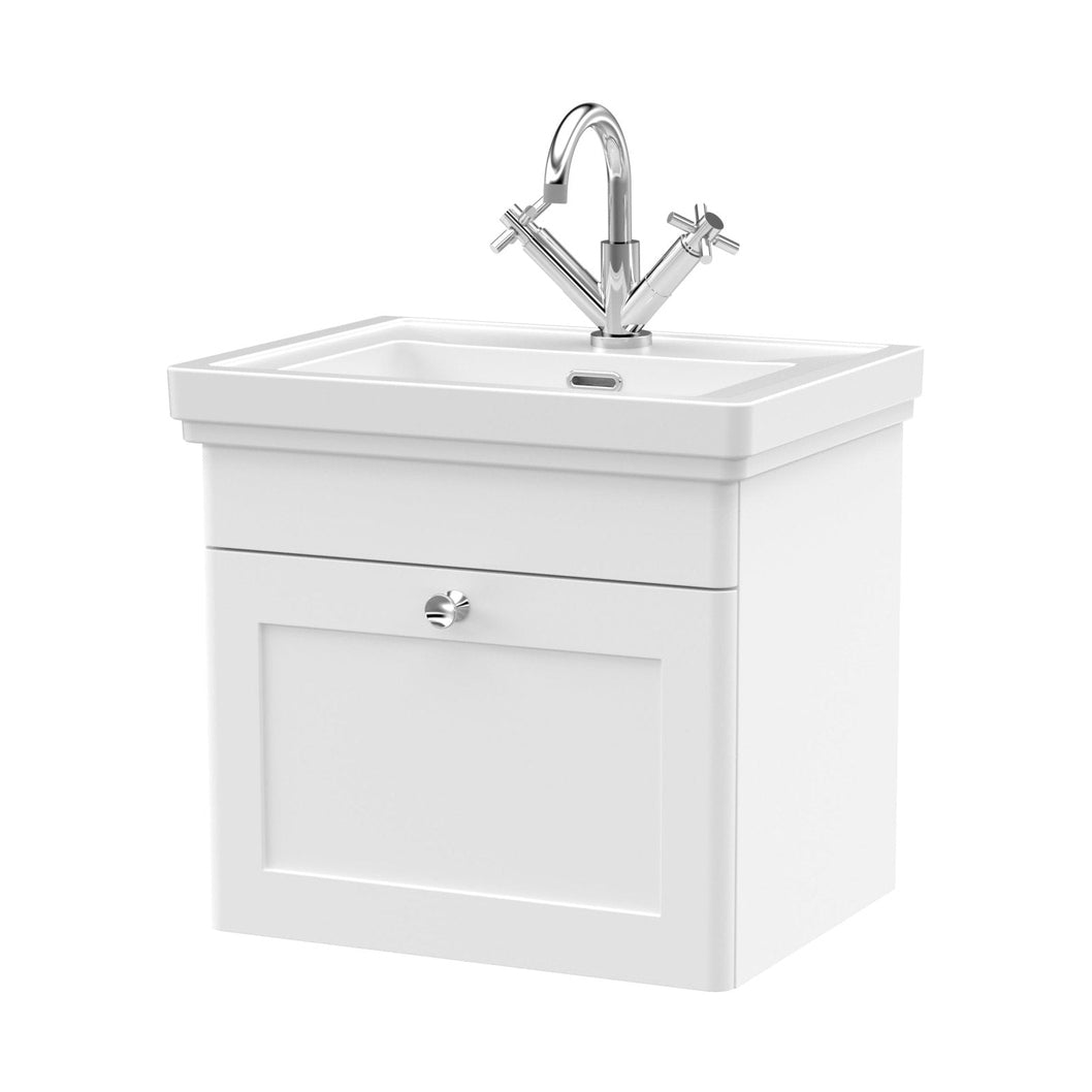 Nuie Classique 500mm Wall Hung 1-drawer Vanity & Basin 1th Traditional Satin White MFC Painted Matt 496x531x406mm - JJ Building Materials
