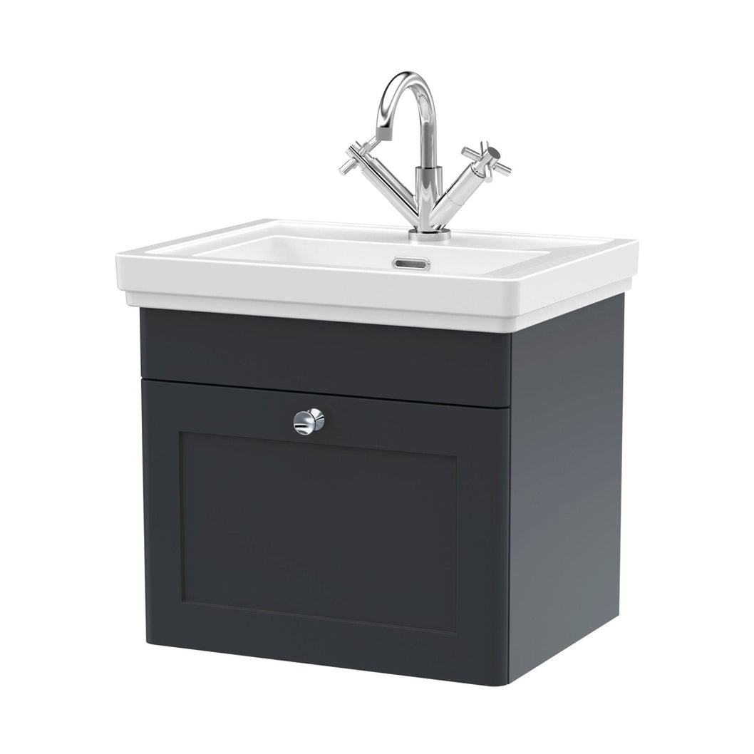 Nuie Classique 500mm Wall Hung 1-drawer Vanity & Basin 1th Traditional Soft Black MFC Painted Matt 496x531x406mm - JJ Building Materials
