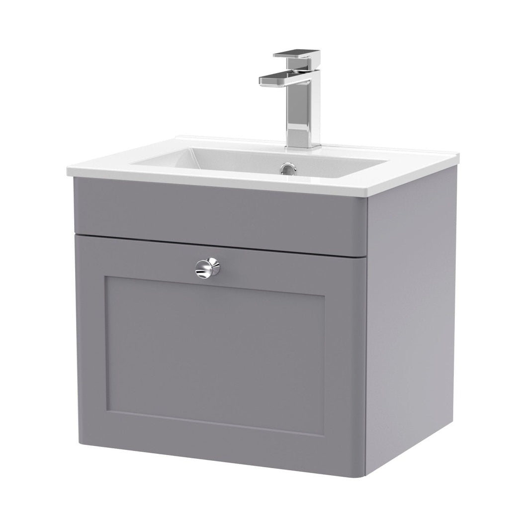 Nuie Classique 500mm Wall Hung 1 Drawer Vanity & Basin 2 Traditional Satin Grey MFC Painted Matt 449x500x390mm - JJ Building Materials
