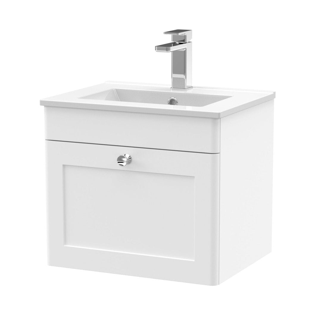 Nuie Classique 500mm Wall Hung 1 Drawer Vanity & Basin 2 Traditional Satin White MFC Painted Matt 449x500x390mm - JJ Building Materials