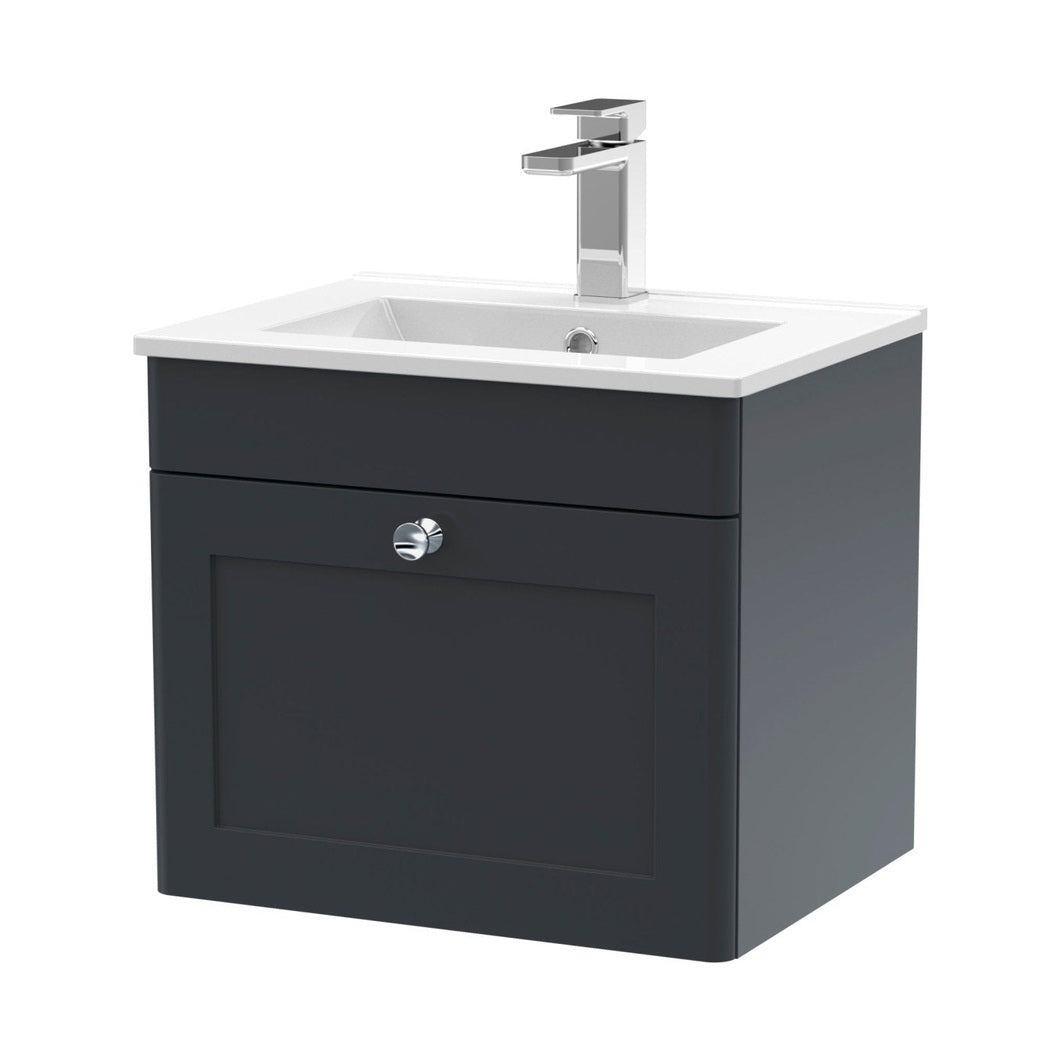 Nuie Classique 500mm Wall Hung 1 Drawer Vanity & Basin 2 Traditional Soft Black MFC Painted Matt 449x500x390mm - JJ Building Materials