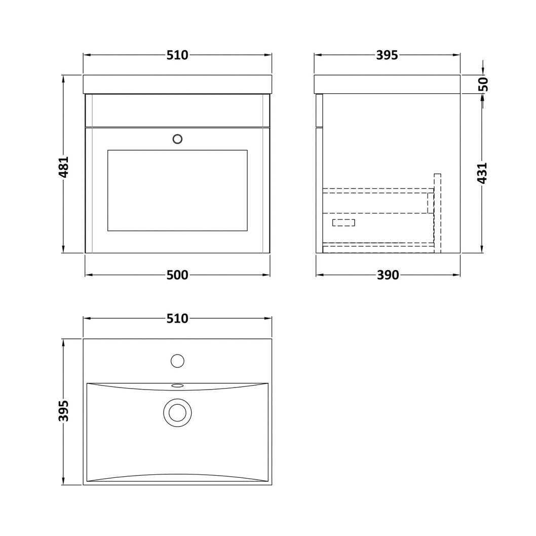 Nuie Classique 500mm Wall Hung 1 Drawer Vanity & Basin 3 Traditional Satin Green MFC Painted Matt 481x510x395mm - JJ Building Materials