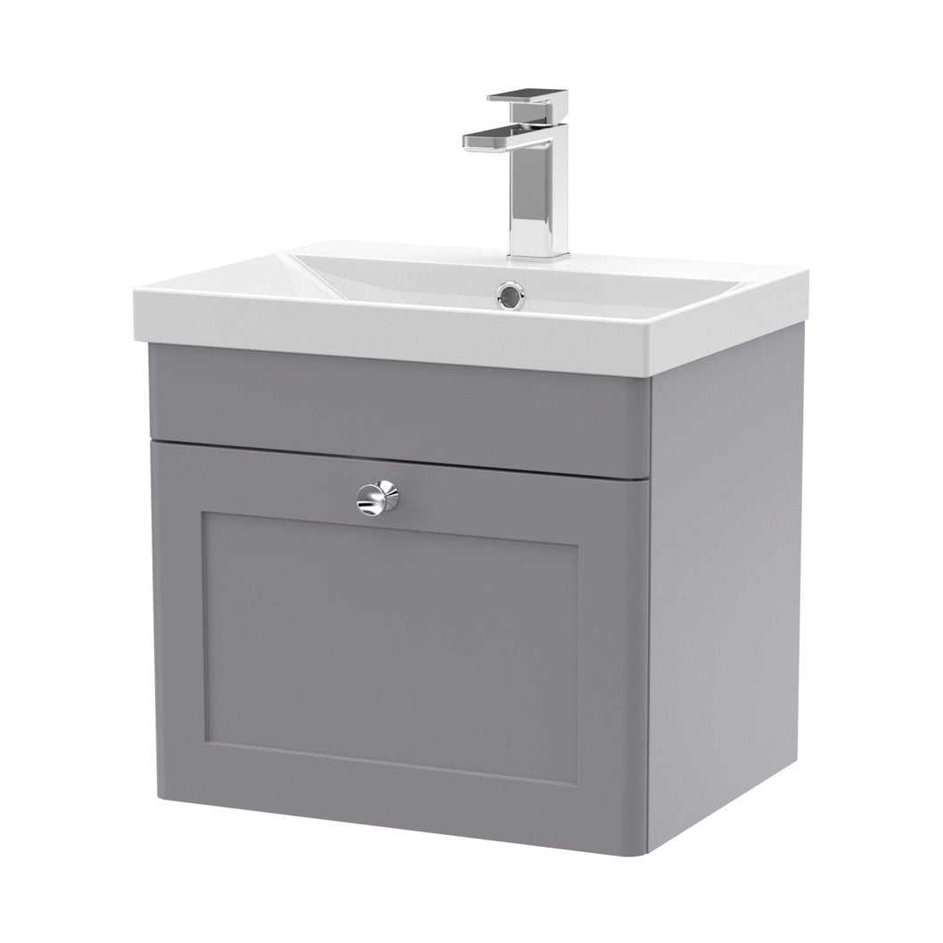 Nuie Classique 500mm Wall Hung 1 Drawer Vanity & Basin 3 Traditional Satin Grey MFC Painted Matt 481x510x395mm - JJ Building Materials