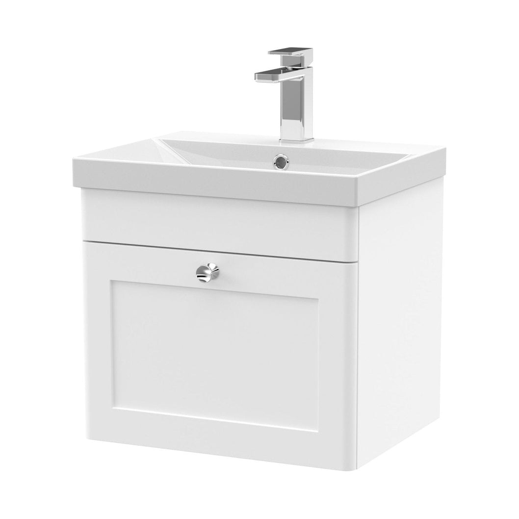 Nuie Classique 500mm Wall Hung 1 Drawer Vanity & Basin 3 Traditional Satin White MFC Painted Matt 481x510x395mm - JJ Building Materials