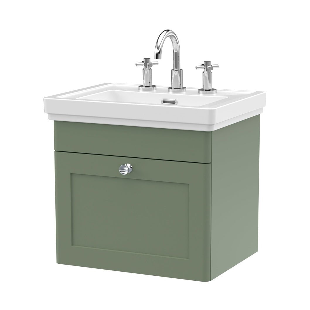 Nuie Classique 500mm Wall Hung 1-drawer Vanity & Basin 3th Traditional Satin Green MFC Painted Matt 496x531x406mm - JJ Building Materials