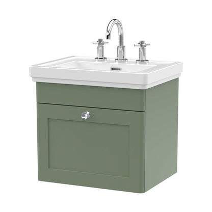 Nuie Classique 500mm Wall Hung 1-drawer Vanity & Basin 3th Traditional Satin Green MFC Painted Matt 496x531x406mm - JJ Building Materials
