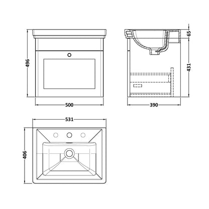 Nuie Classique 500mm Wall Hung 1-drawer Vanity & Basin 3th Traditional Satin Green MFC Painted Matt 496x531x406mm - JJ Building Materials