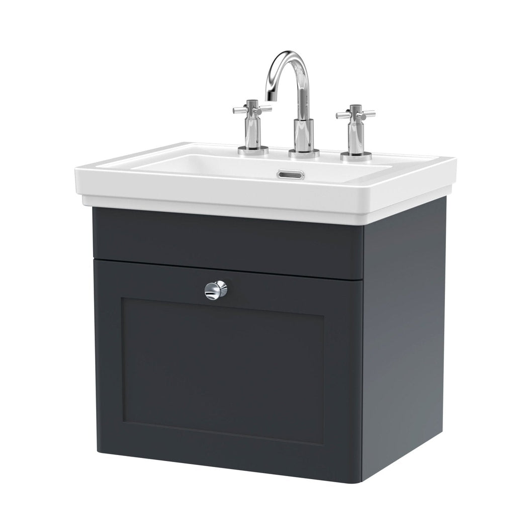 Nuie Classique 500mm Wall Hung 1-drawer Vanity & Basin 3th Traditional Soft Black MFC Painted Matt 496x531x406mm - JJ Building Materials