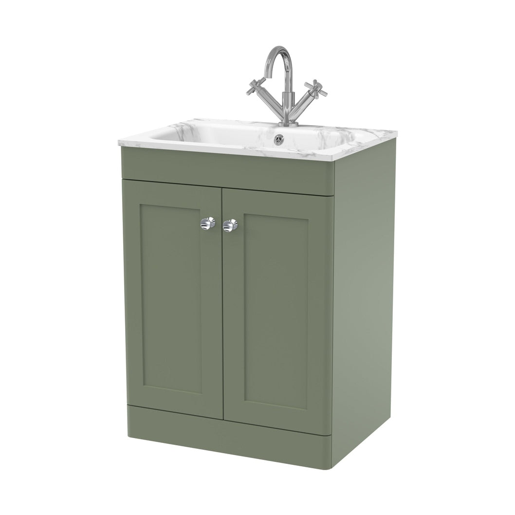 Nuie Classique 600mm Floor Standing 2-door Unit & Stone Basin 1th Traditional Satin Green MFC Painted Matt,stone 816x610x470mm - CLC825Q - JJ Building Materials
