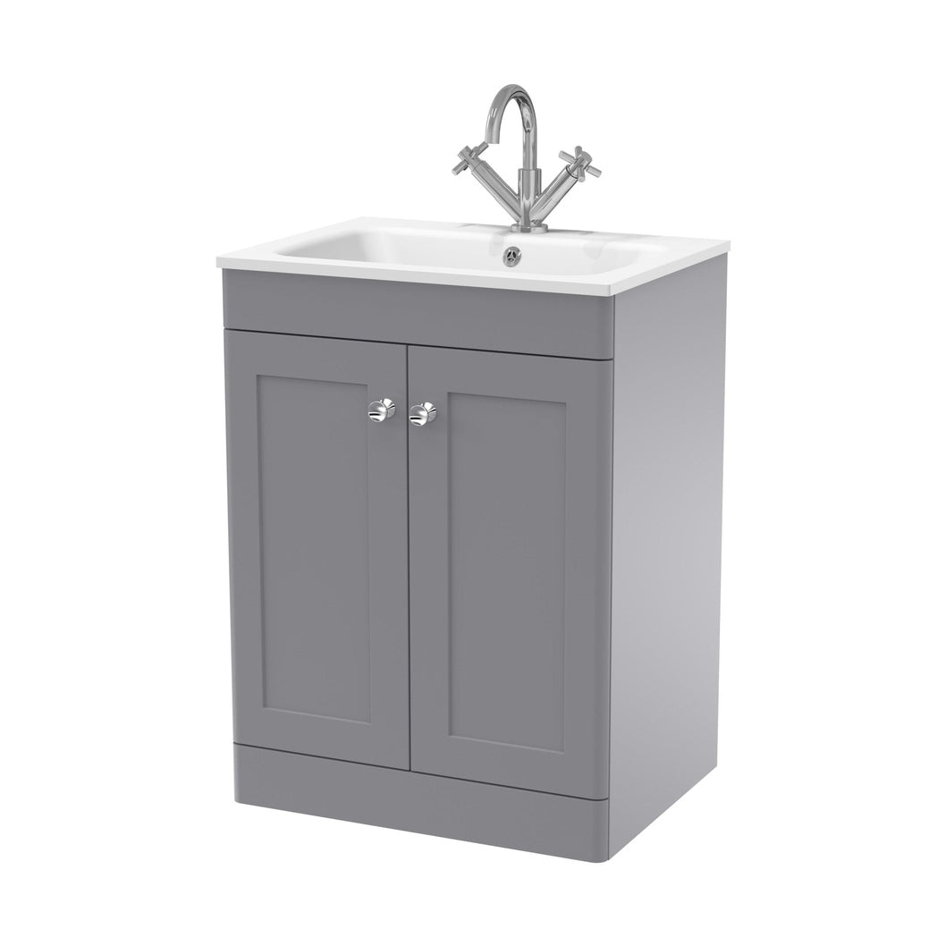 Nuie Classique 600mm Floor Standing 2-door Unit & Stone Basin 1th Traditional Satin Grey MFC Painted Matt,stone 816x610x470mm - CLC225P - JJ Building Materials