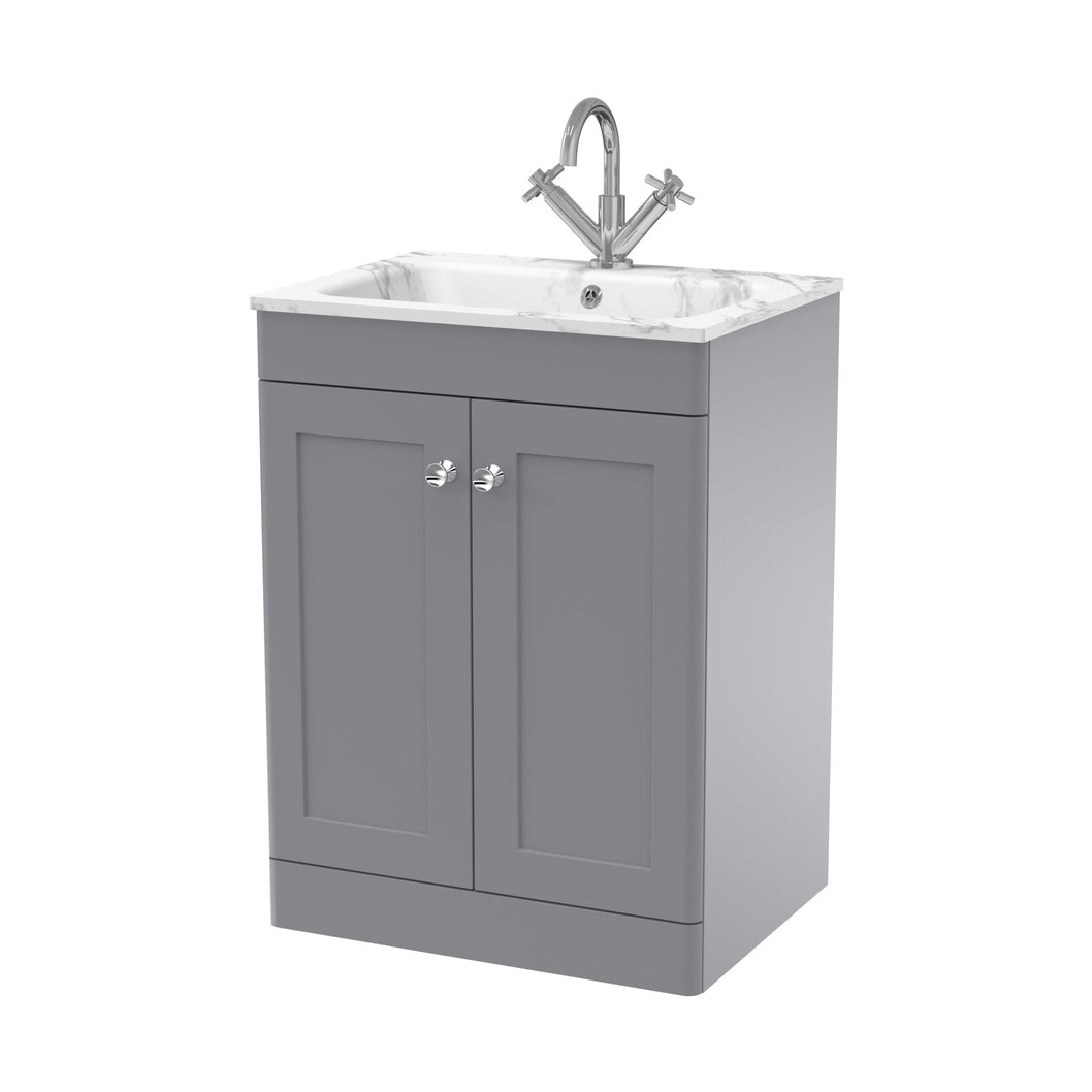 Nuie Classique 600mm Floor Standing 2-door Unit & Stone Basin 1th Traditional Satin Grey MFC Painted Matt,stone 816x610x470mm - CLC225Q - JJ Building Materials