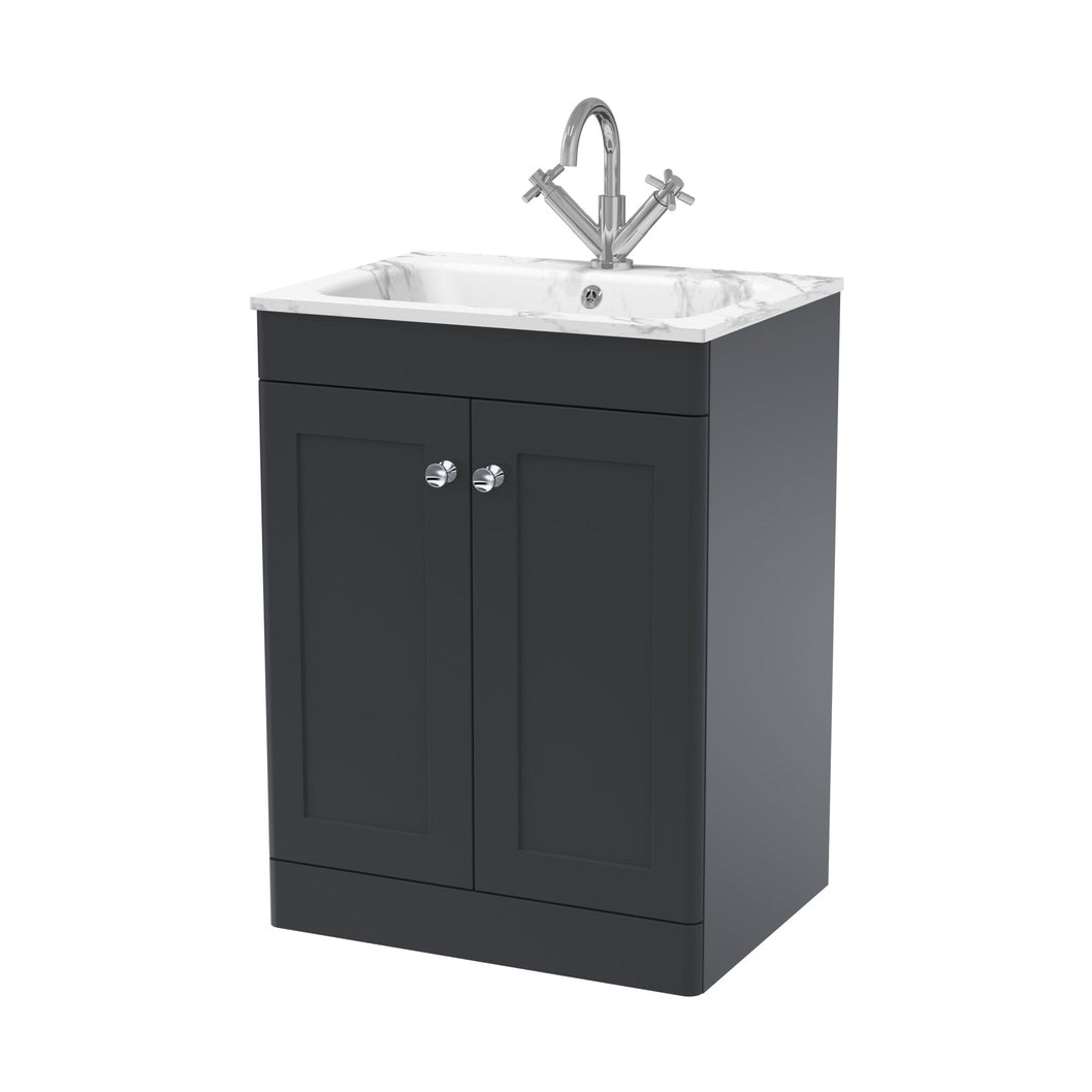 Nuie Classique 600mm Floor Standing 2-door Unit & Stone Basin 1th Traditional Soft Black MFC Painted Matt,stone 816x610x470mm - CLC1425Q - JJ Building Materials