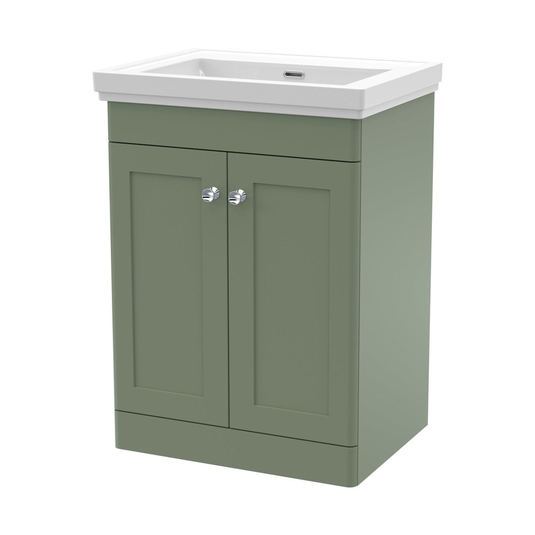 Nuie Classique 600mm Floor Standing 2 Door Vanity & Basin 0th Traditional Satin Green MFC Painted Matt 821x630x471mm - JJ Building Materials