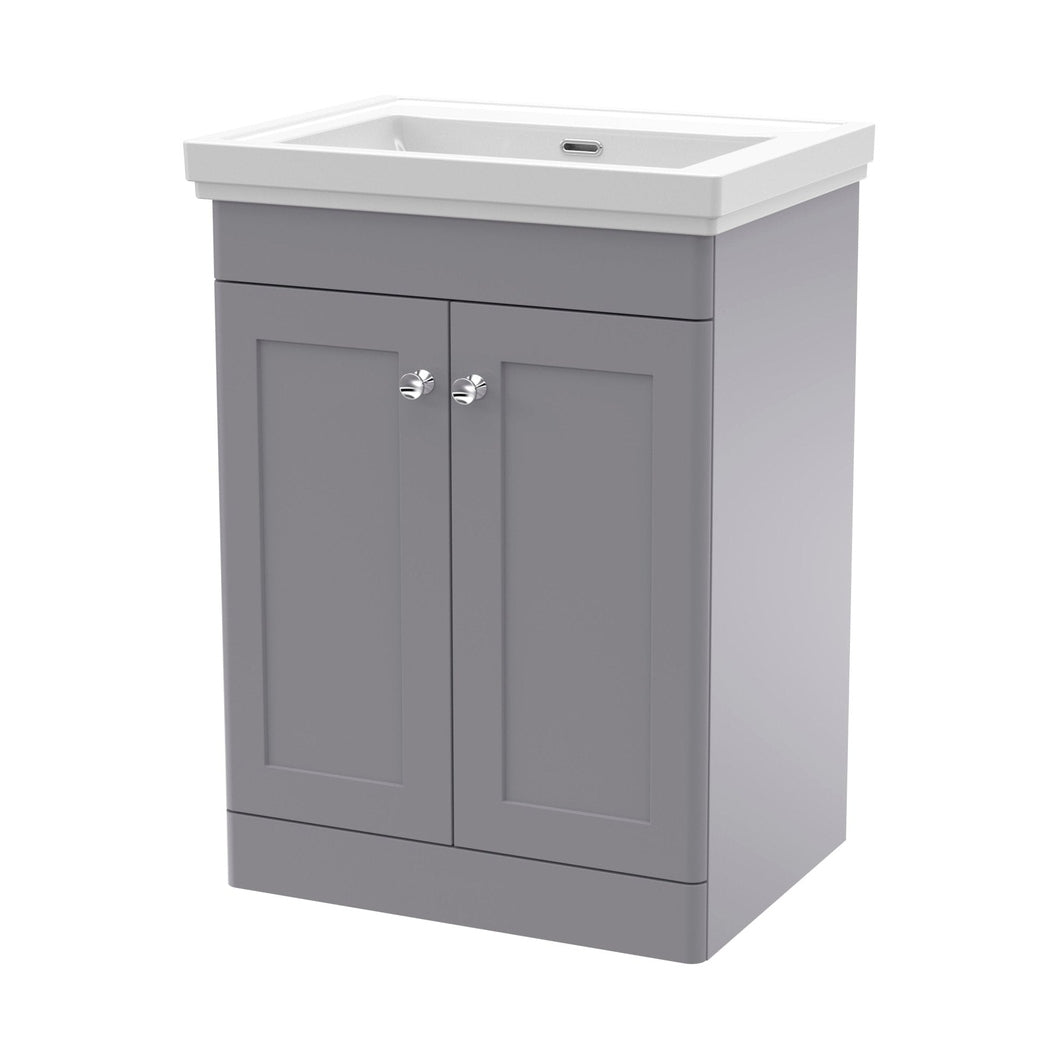Nuie Classique 600mm Floor Standing 2 Door Vanity & Basin 0th Traditional Satin Grey MFC Painted Matt 821x630x471mm - JJ Building Materials