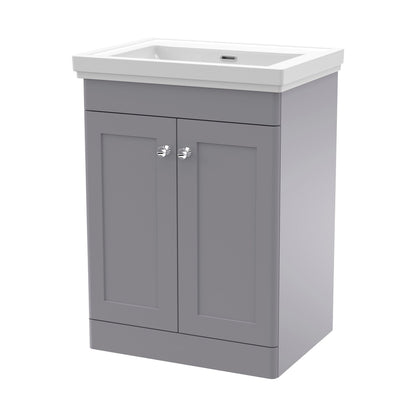Nuie Classique 600mm Floor Standing 2 Door Vanity & Basin 0th Traditional Satin Grey MFC Painted Matt 821x630x471mm - JJ Building Materials