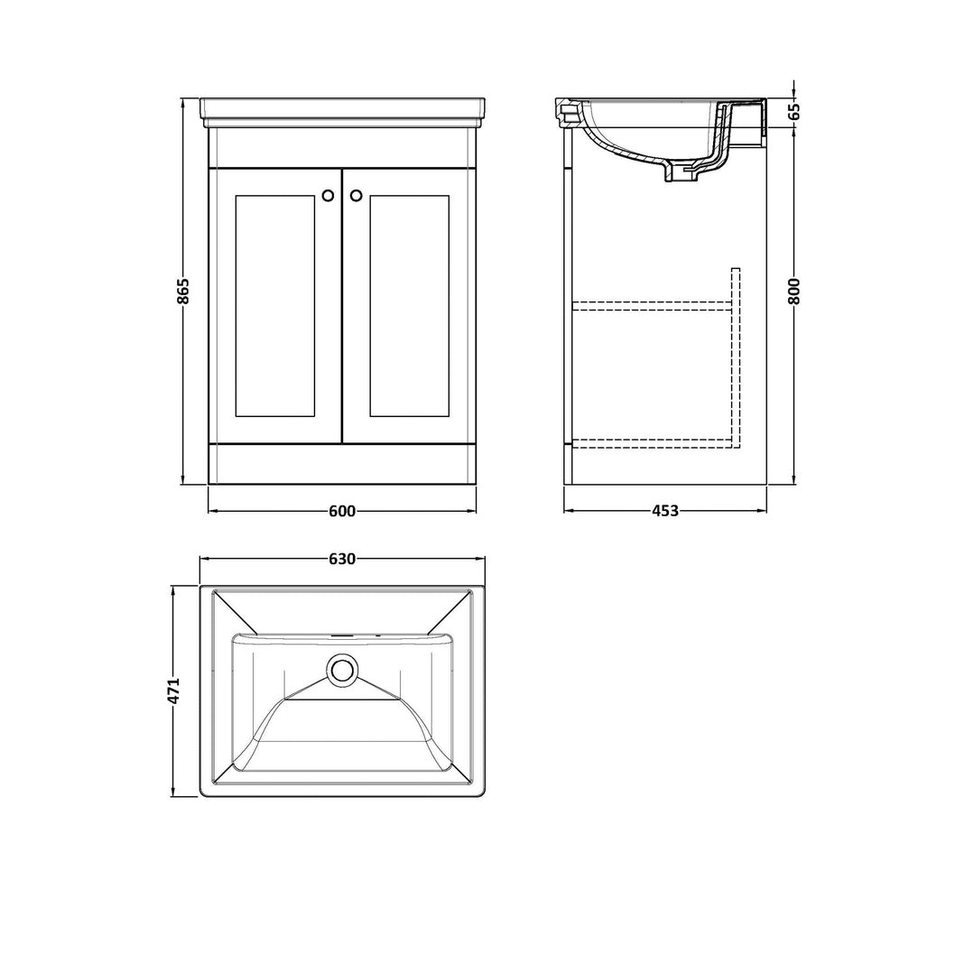Nuie Classique 600mm Floor Standing 2 Door Vanity & Basin 0th Traditional Satin White MFC Painted Matt 821x630x471mm - JJ Building Materials