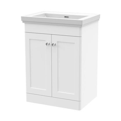 Nuie Classique 600mm Floor Standing 2 Door Vanity & Basin 0th Traditional Satin White MFC Painted Matt 821x630x471mm - JJ Building Materials