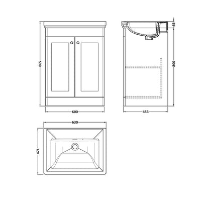 Nuie Classique 600mm Floor Standing 2 Door Vanity & Basin 0th Traditional Soft Black MFC Painted Matt 821x630x471mm - JJ Building Materials
