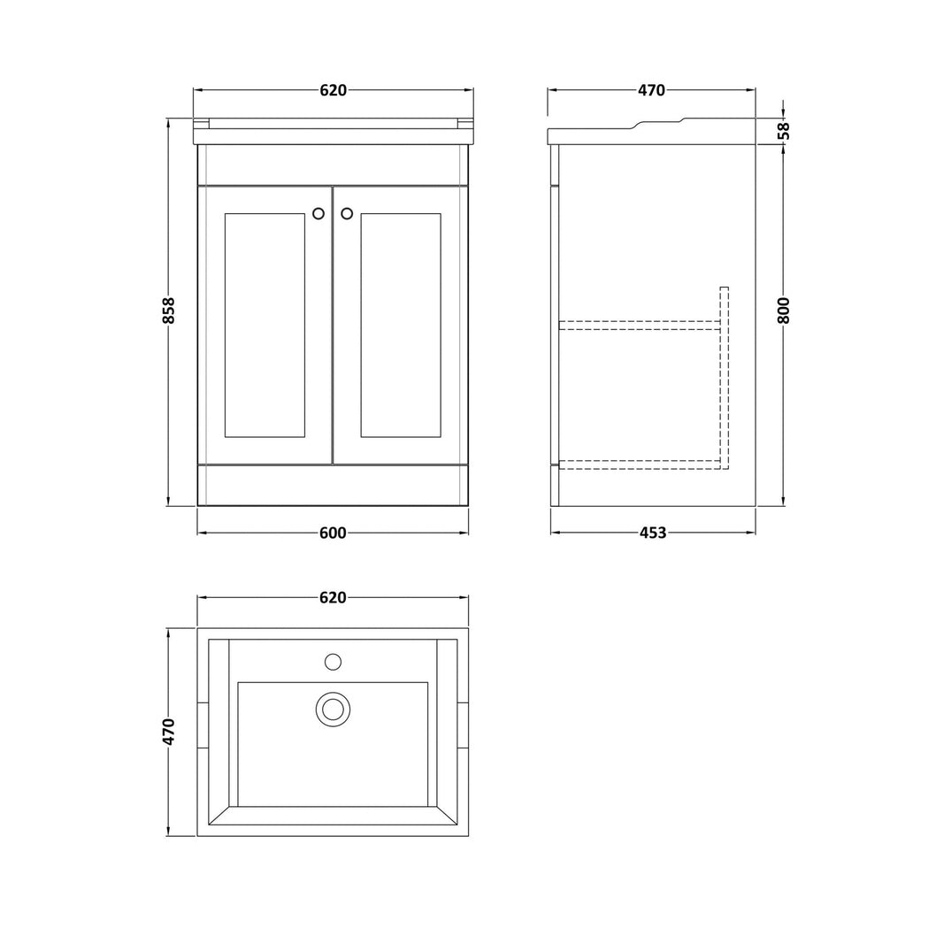 Nuie Classique 600mm Floor Standing 2 Door Vanity & Basin 1th Traditional Satin Green MFC Painted Matt 858x620x470mm - JJ Building Materials