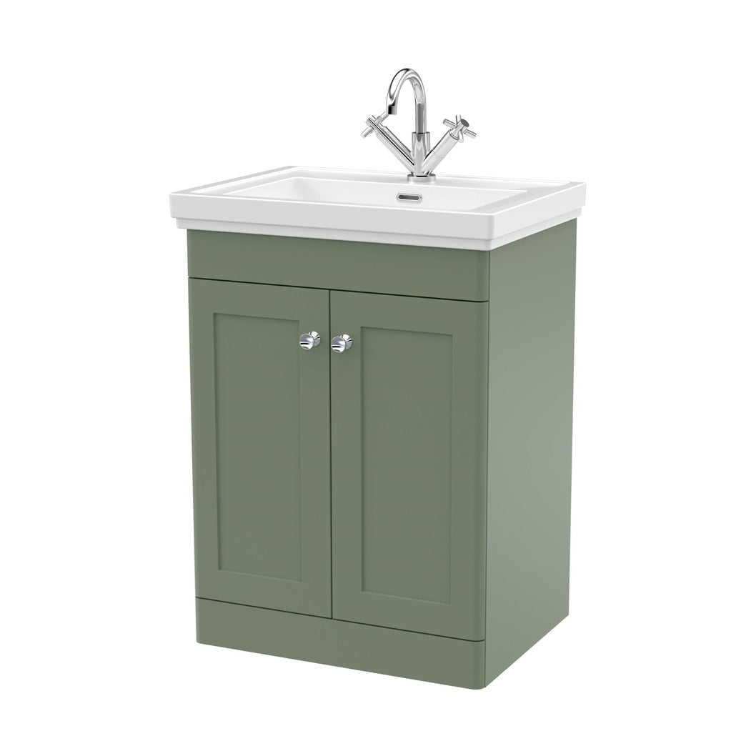 Nuie Classique 600mm Floor Standing 2-door Vanity & Basin 1th Traditional Satin Green MFC Painted Matt 865x630x471mm - JJ Building Materials