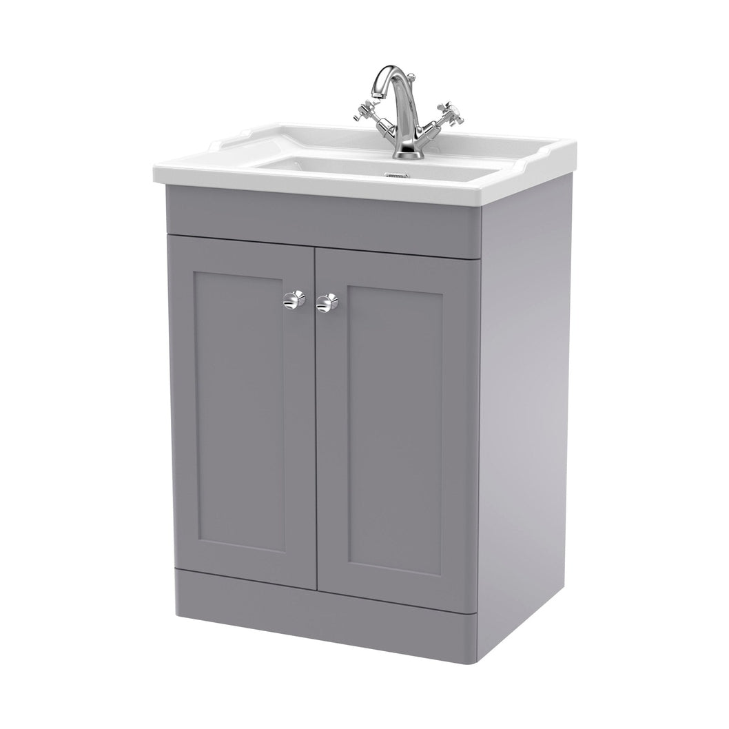 Nuie Classique 600mm Floor Standing 2 Door Vanity & Basin 1th Traditional Satin Grey MFC Painted Matt 858x620x470mm - JJ Building Materials