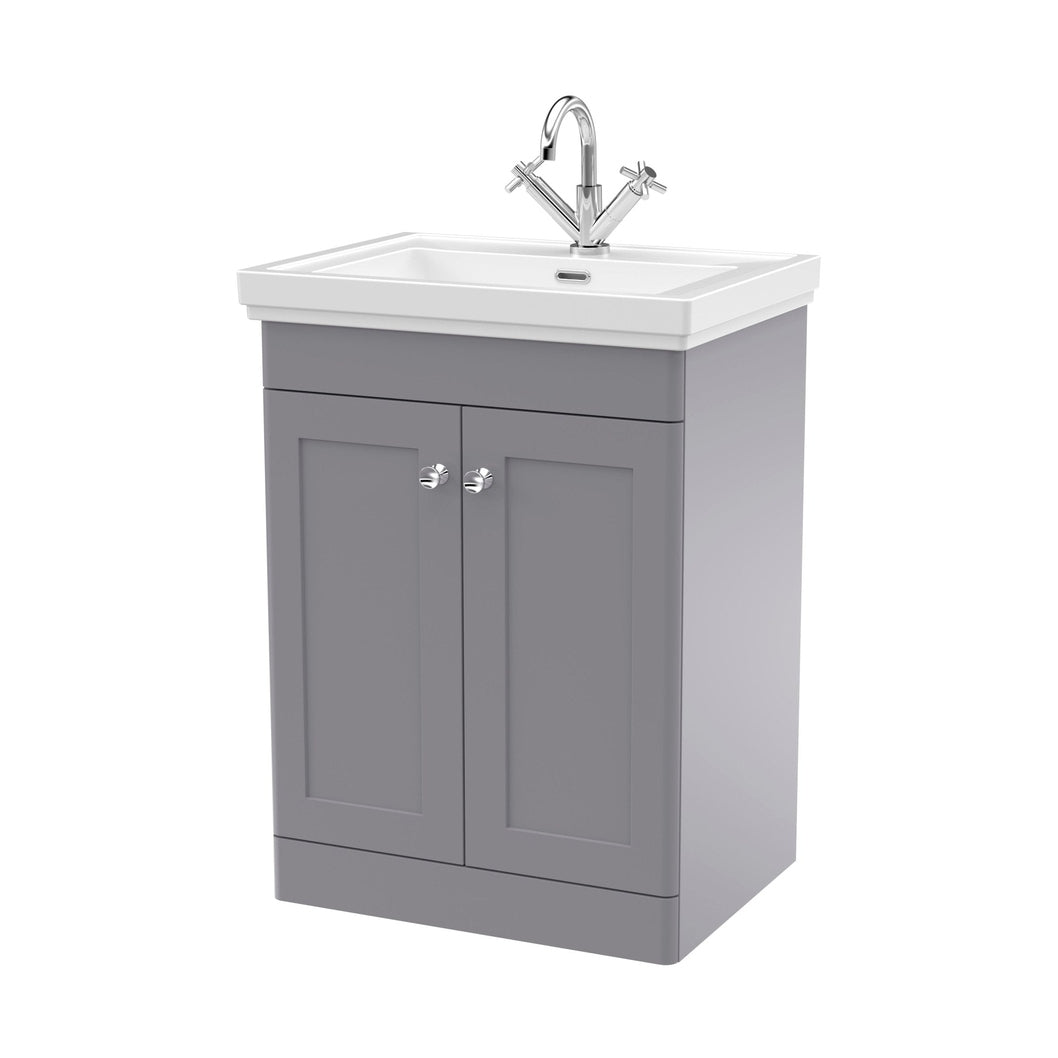 Nuie Classique 600mm Floor Standing 2-door Vanity & Basin 1th Traditional Satin Grey MFC Painted Matt 865x630x471mm - JJ Building Materials