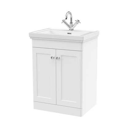 Nuie Classique 600mm Floor Standing 2-door Vanity & Basin 1th Traditional Satin White MFC Painted Matt 865x630x471mm - JJ Building Materials