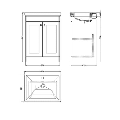 Nuie Classique 600mm Floor Standing 2-door Vanity & Basin 1th Traditional Satin White MFC Painted Matt 865x630x471mm - JJ Building Materials