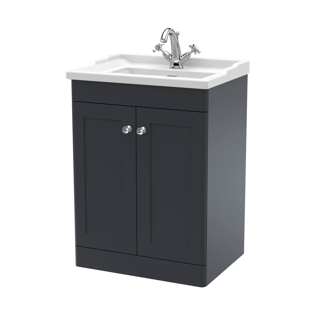 Nuie Classique 600mm Floor Standing 2 Door Vanity & Basin 1th Traditional Soft Black MFC Painted Matt 858x620x470mm - JJ Building Materials