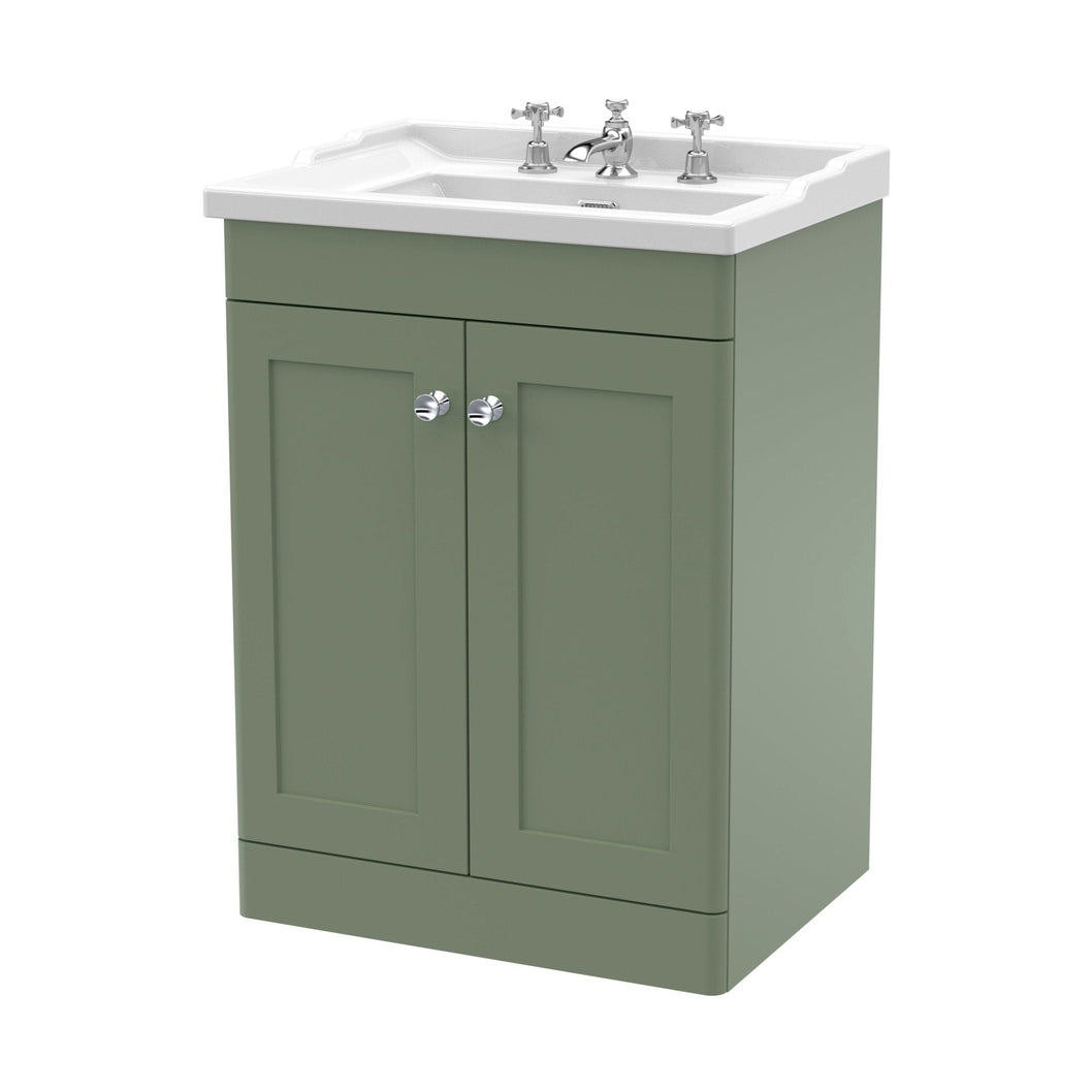 Nuie Classique 600mm Floor Standing 2 Door Vanity & Basin 3th Traditional Satin Green MFC Painted Matt 858x620x470mm - JJ Building Materials