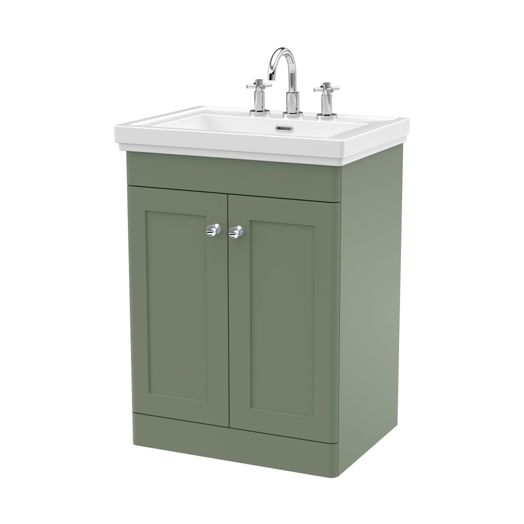 Nuie Classique 600mm Floor Standing 2-door Vanity & Basin 3th Traditional Satin Green MFC Painted Matt 865x630x471mm - JJ Building Materials