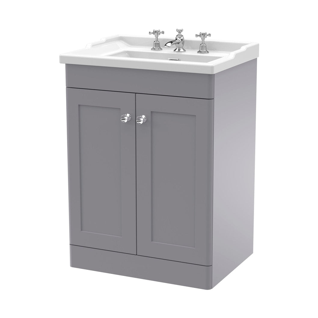Nuie Classique 600mm Floor Standing 2 Door Vanity & Basin 3th Traditional Satin Grey MFC Painted Matt 858x620x470mm - JJ Building Materials