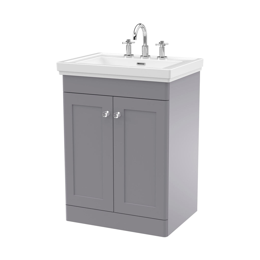 Nuie Classique 600mm Floor Standing 2-door Vanity & Basin 3th Traditional Satin Grey MFC Painted Matt 865x630x471mm - JJ Building Materials