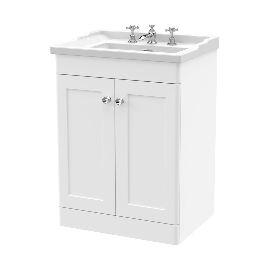 Nuie Classique 600mm Floor Standing 2 Door Vanity & Basin 3th Traditional Satin White MFC Painted Matt 858x620x470mm - JJ Building Materials